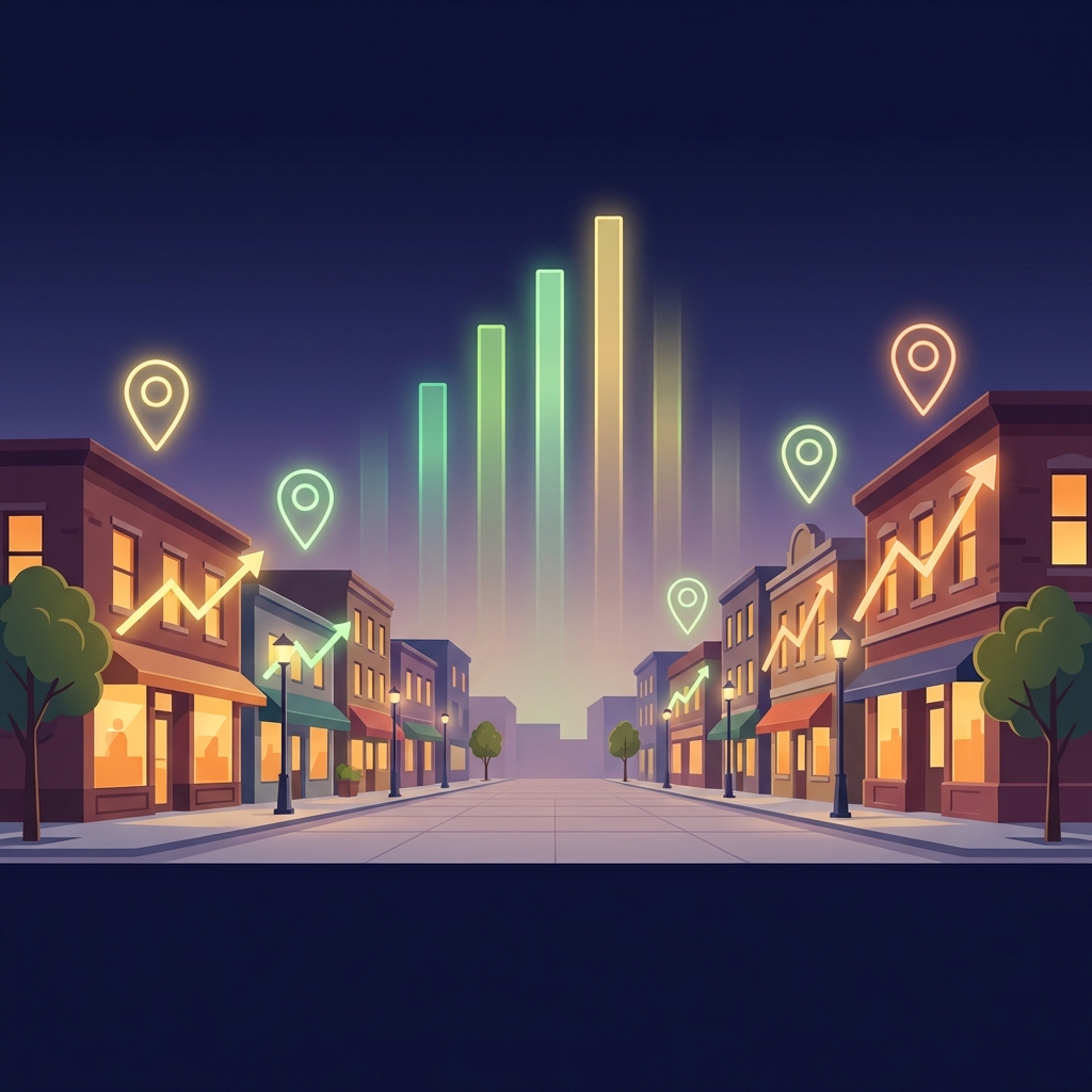 Illustrated local business street with rising search rankings, representing an SEO content strategy for local businesses