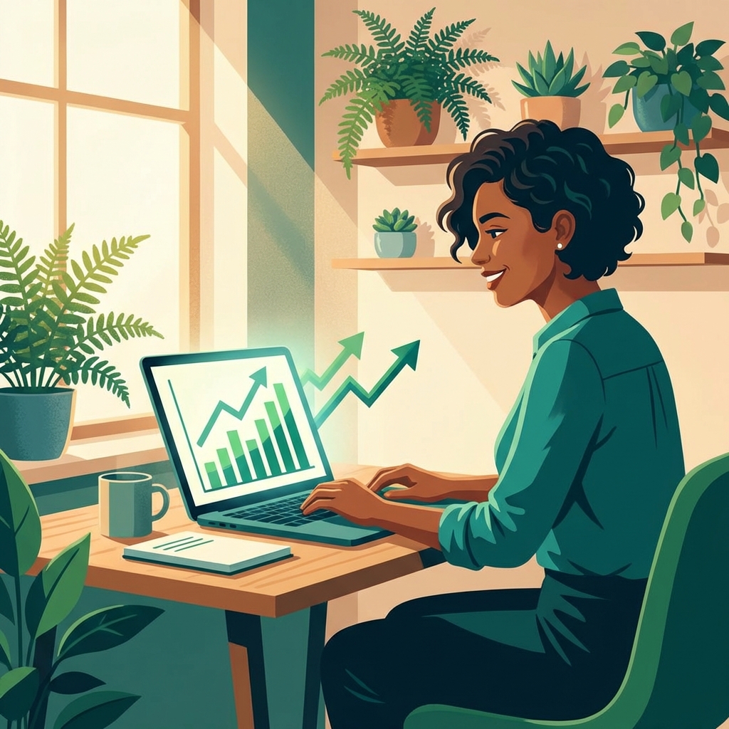 Business owner independently managing SEO without an agency, reviewing organic traffic growth on laptop