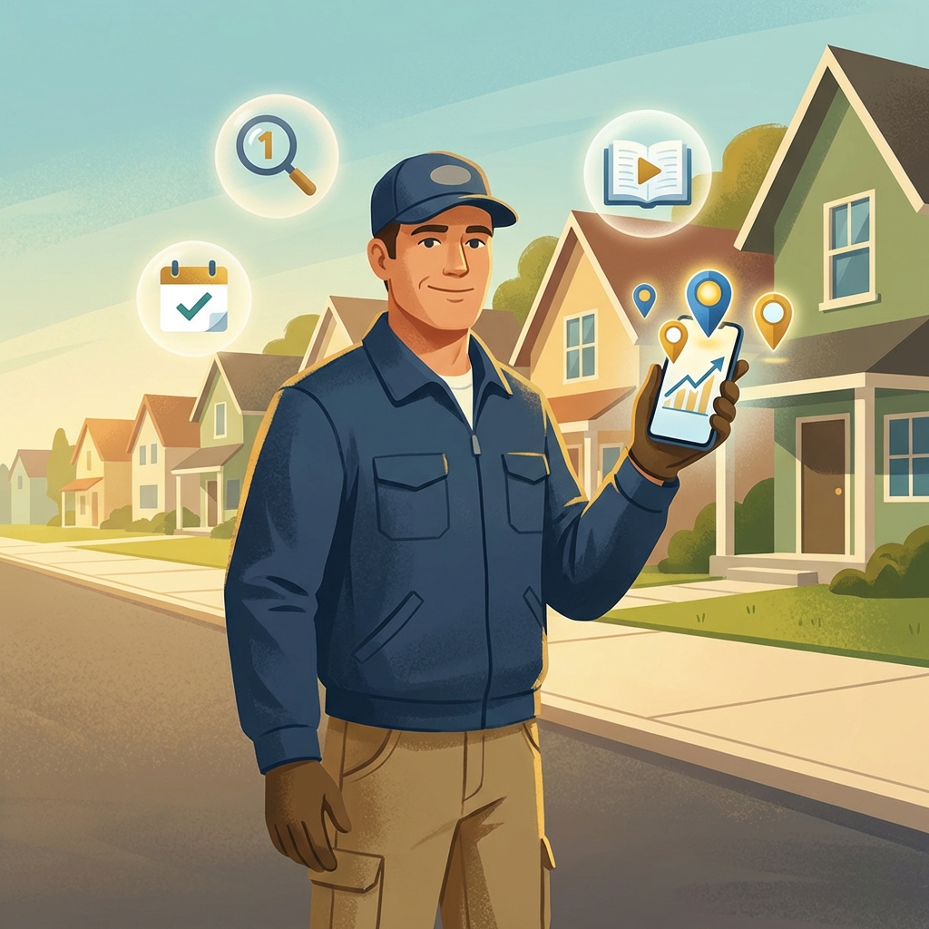 Home service contractor using SEO content tools on smartphone to grow business visibility online