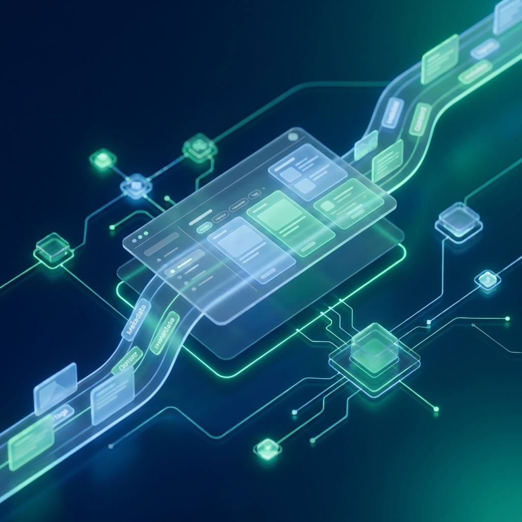 Automated meta description generator dashboard with flowing data streams and glowing SEO metadata cards