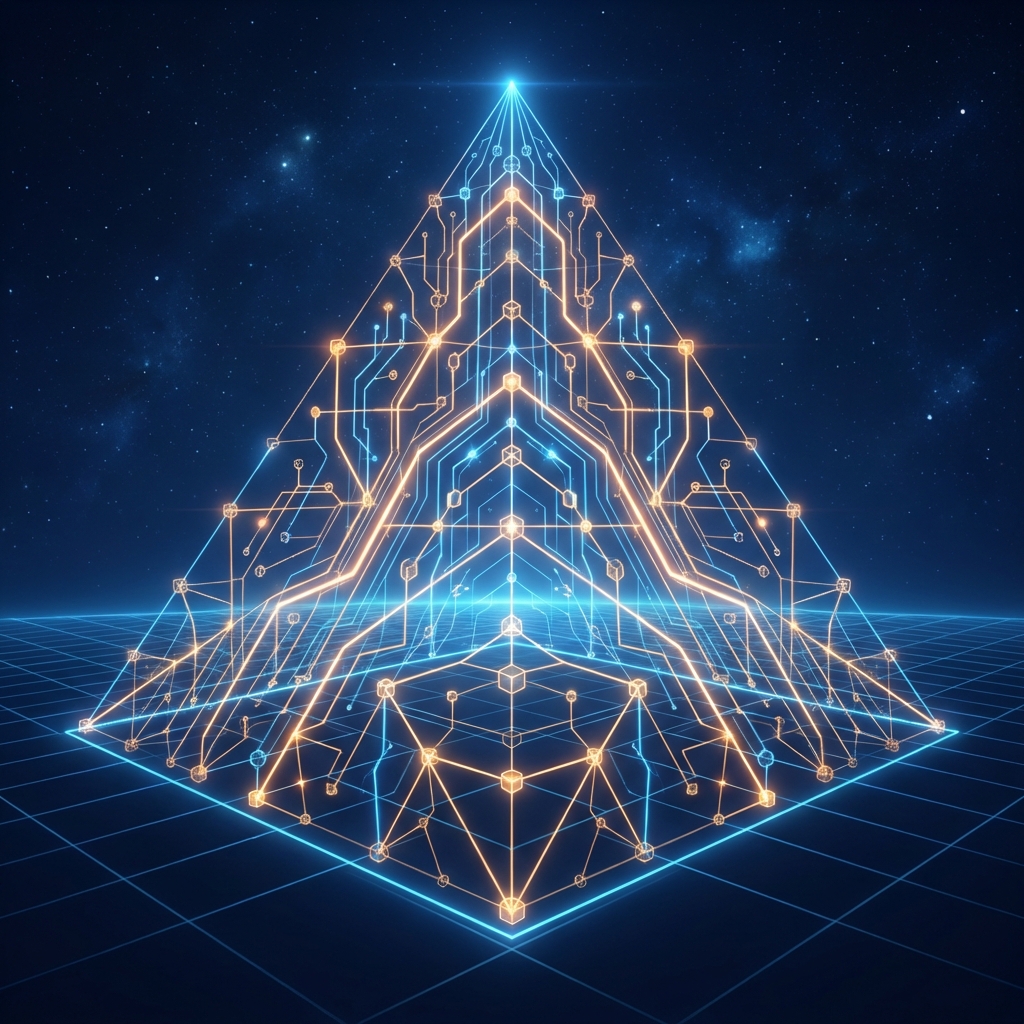 Glowing content cluster architecture diagram illustrating how to build topical authority with AI content