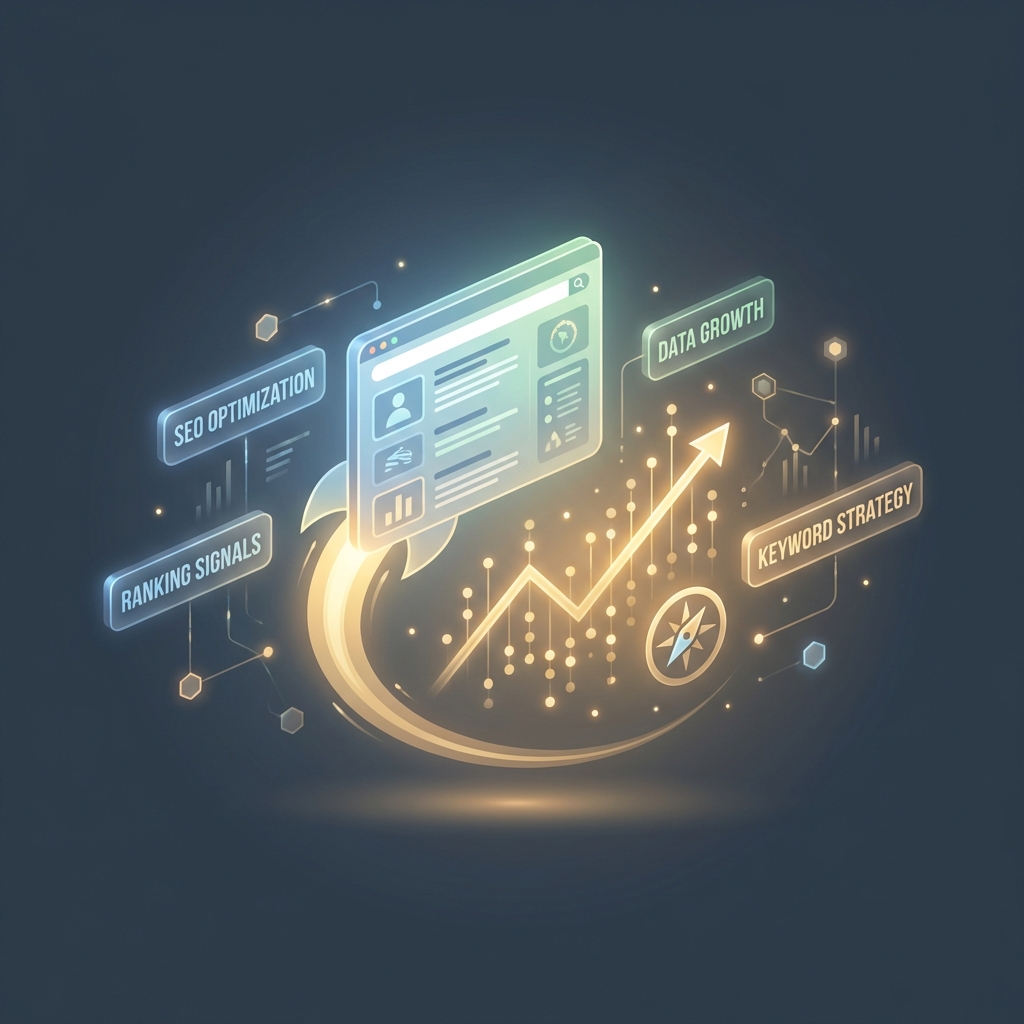 Illustration showing keyword-optimized content driving search rankings upward with glowing data signals