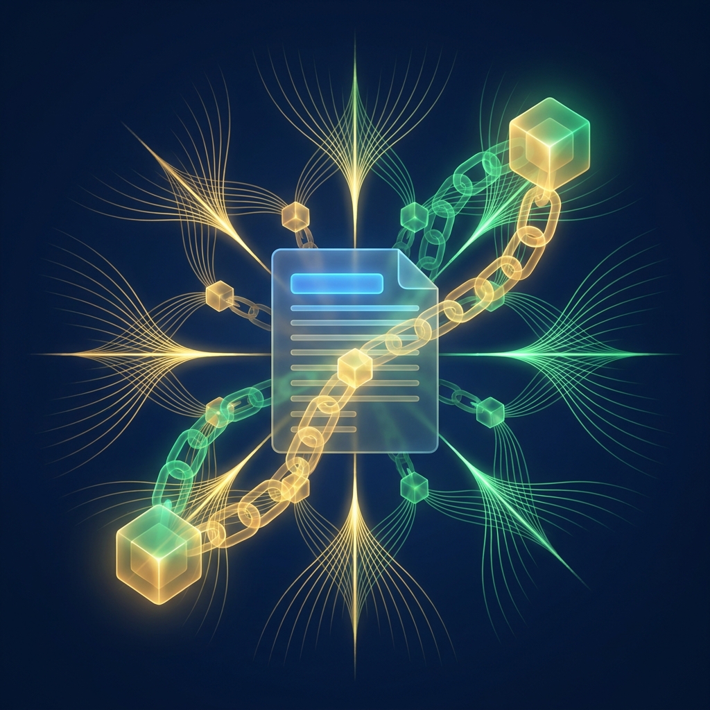 Automated external link building in content illustrated as glowing interconnected nodes embedded in a digital document