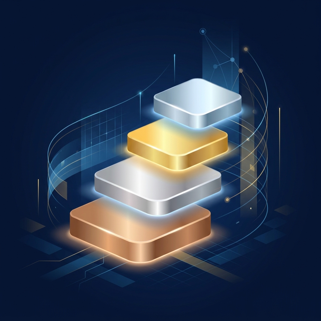 Four ascending metallic tiers representing SEO content platform pricing 2026 tiers from Bronze to Enterprise