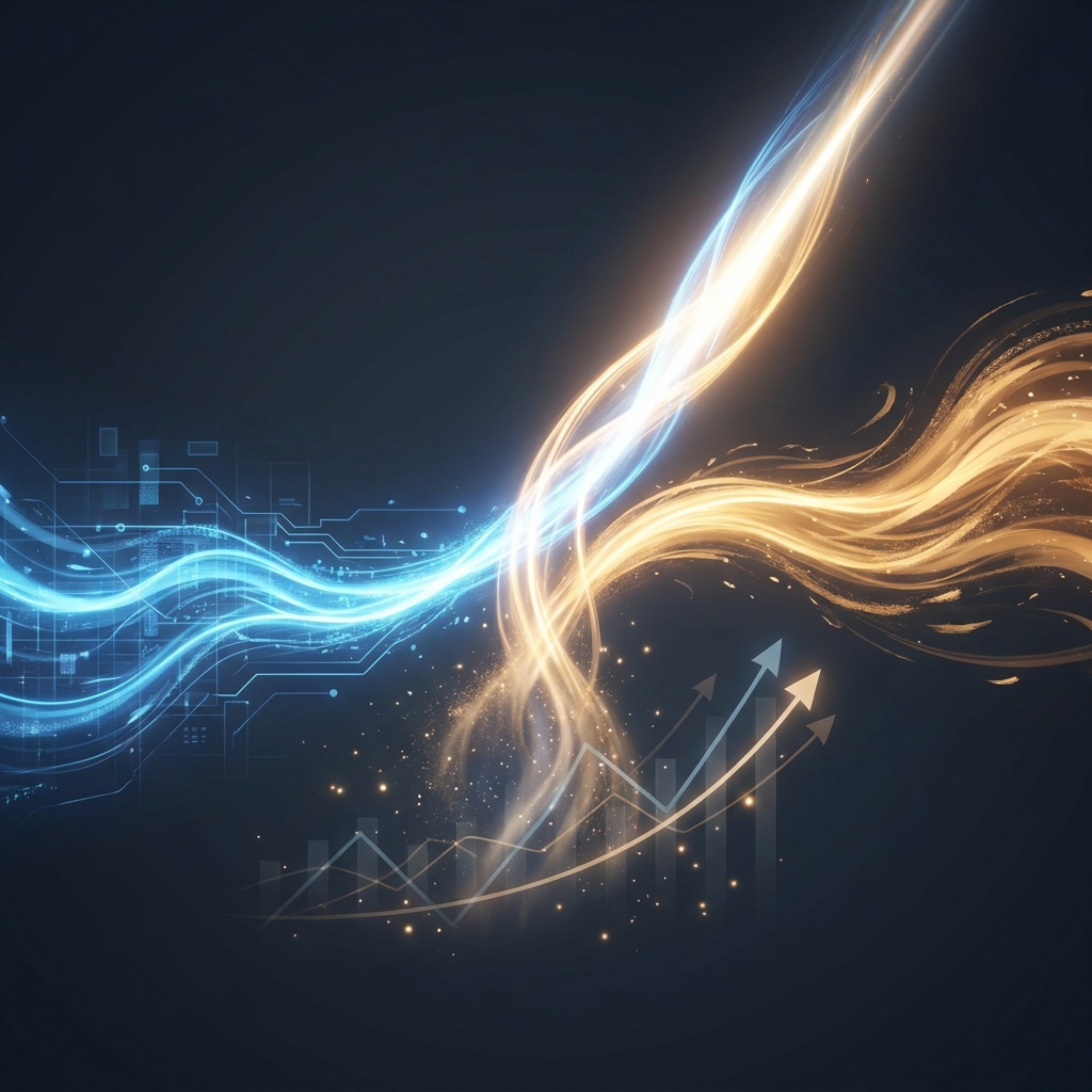 AI SEO content quality vs human written illustrated as two merging light streams rising upward symbolizing search performance