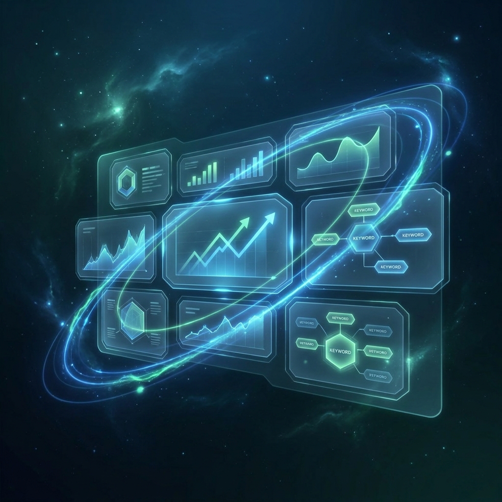 Stylized illustration of an automated SEO command center managing multiple client dashboards simultaneously