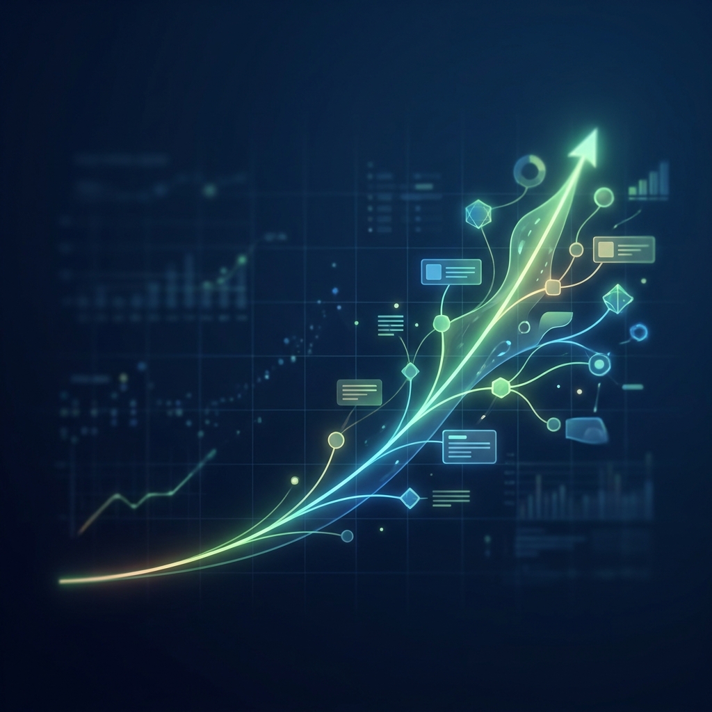 Glowing compounding growth curve illustration representing the momentum advantage of an SEO content subscription service