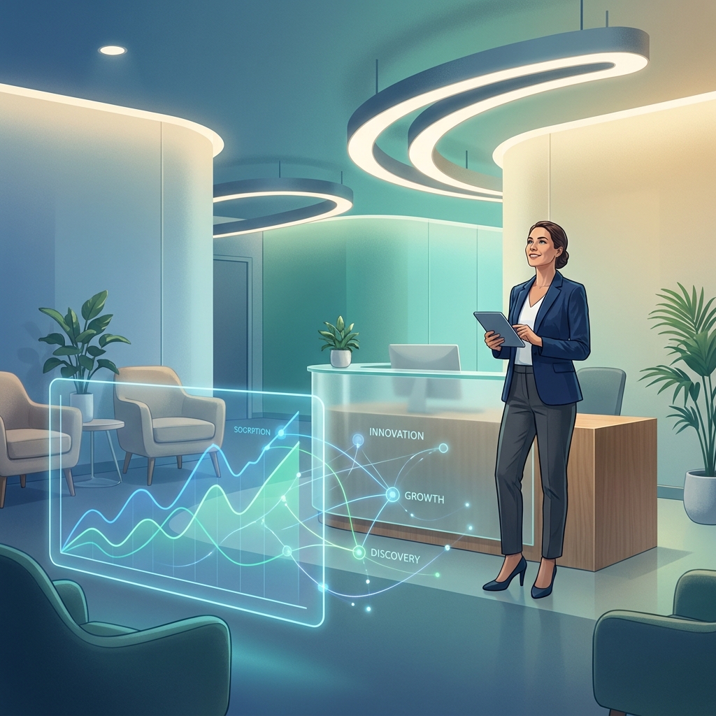 SEO content strategy for plastic surgeons shown as glowing digital search interface in modern aesthetic clinic