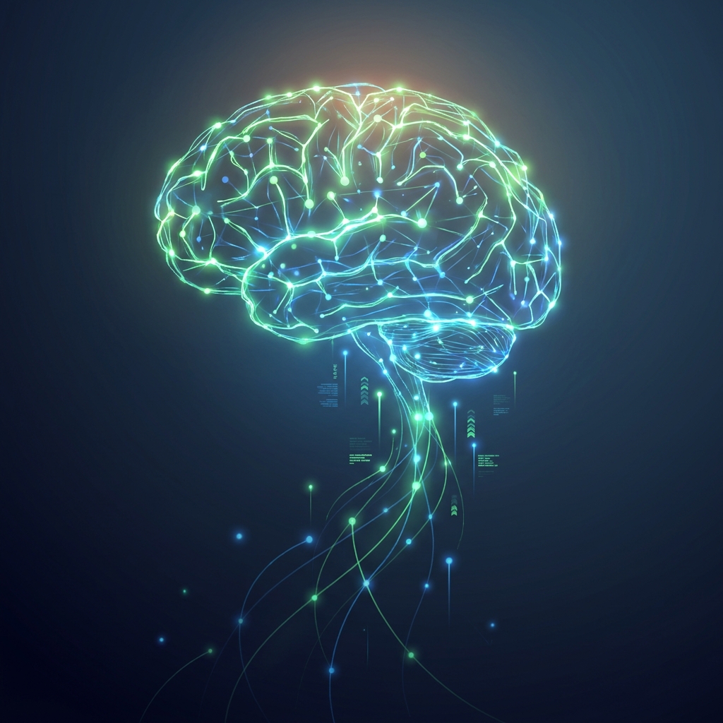 Glowing neural network growing upward, illustrating how automated content platforms learn over time