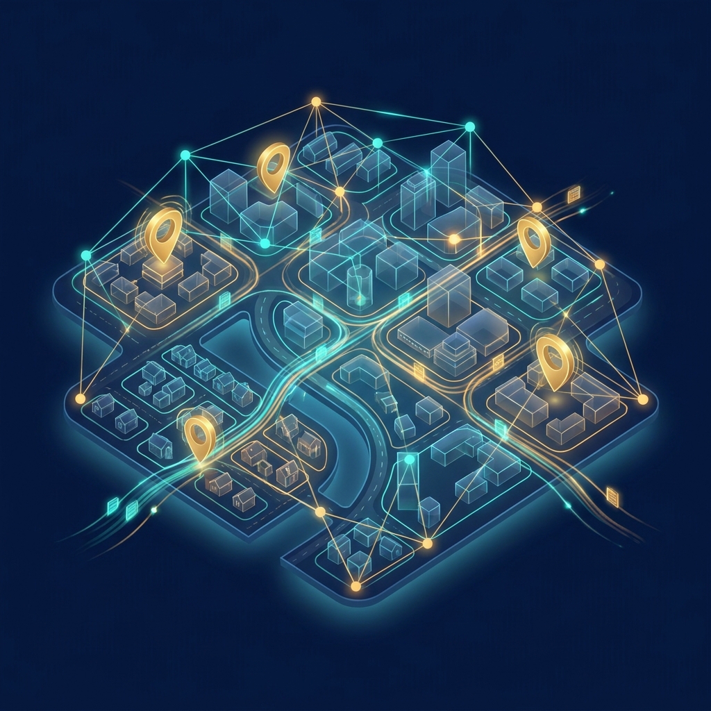 SEO automation for real estate agencies illustrated as a glowing hyperlocal neighborhood map with connected data nodes