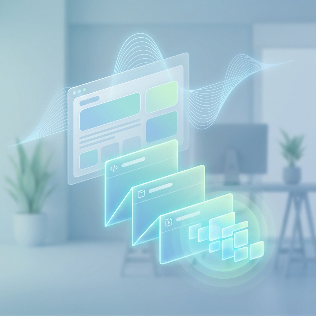 Stylized illustration of automated FAQ section generation for blogs with glowing structured content and voice search waves