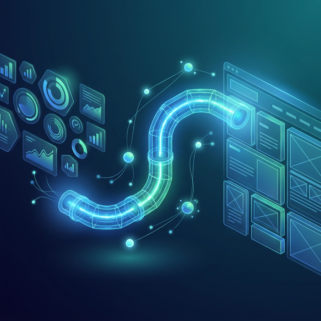 Illustration of seamless SEO content platform with CMS integration showing data flowing into a structured webpage