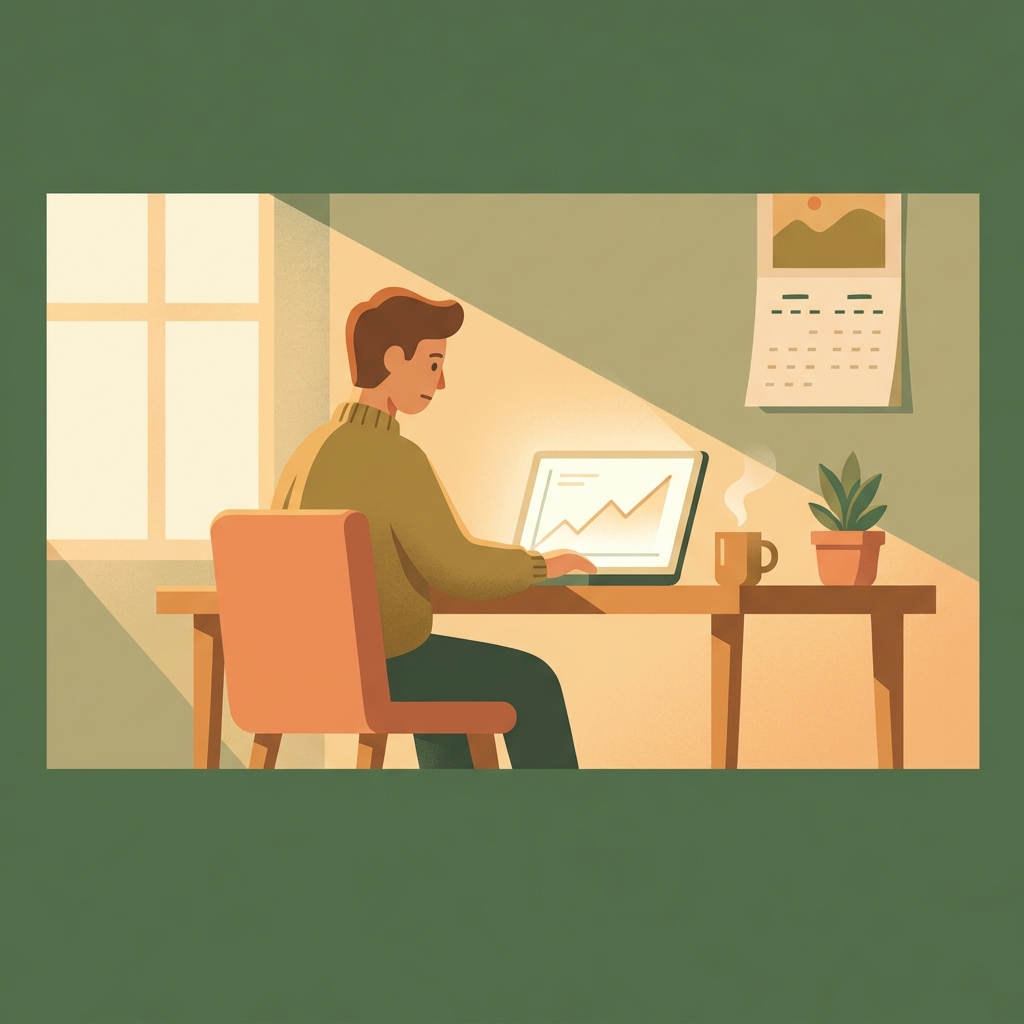 Small business owner reviewing content marketing ROI data on a laptop showing upward growth trends