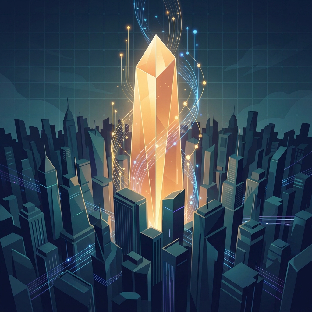 Glowing authority monolith rising above competitive digital landscape, representing how to build SEO authority in a competitive niche