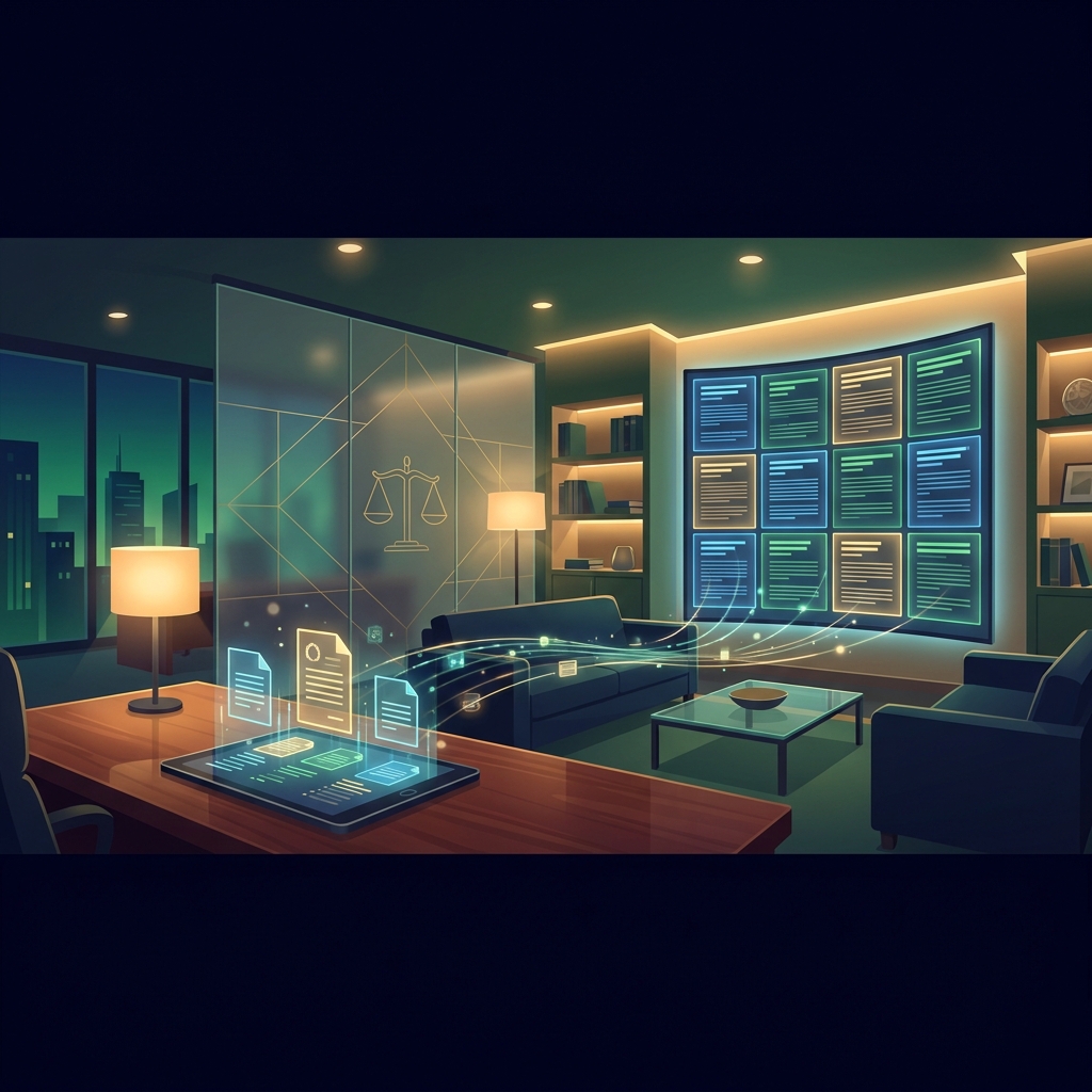 Stylized illustration of a law office with automated SEO content for law firms flowing as glowing data streams