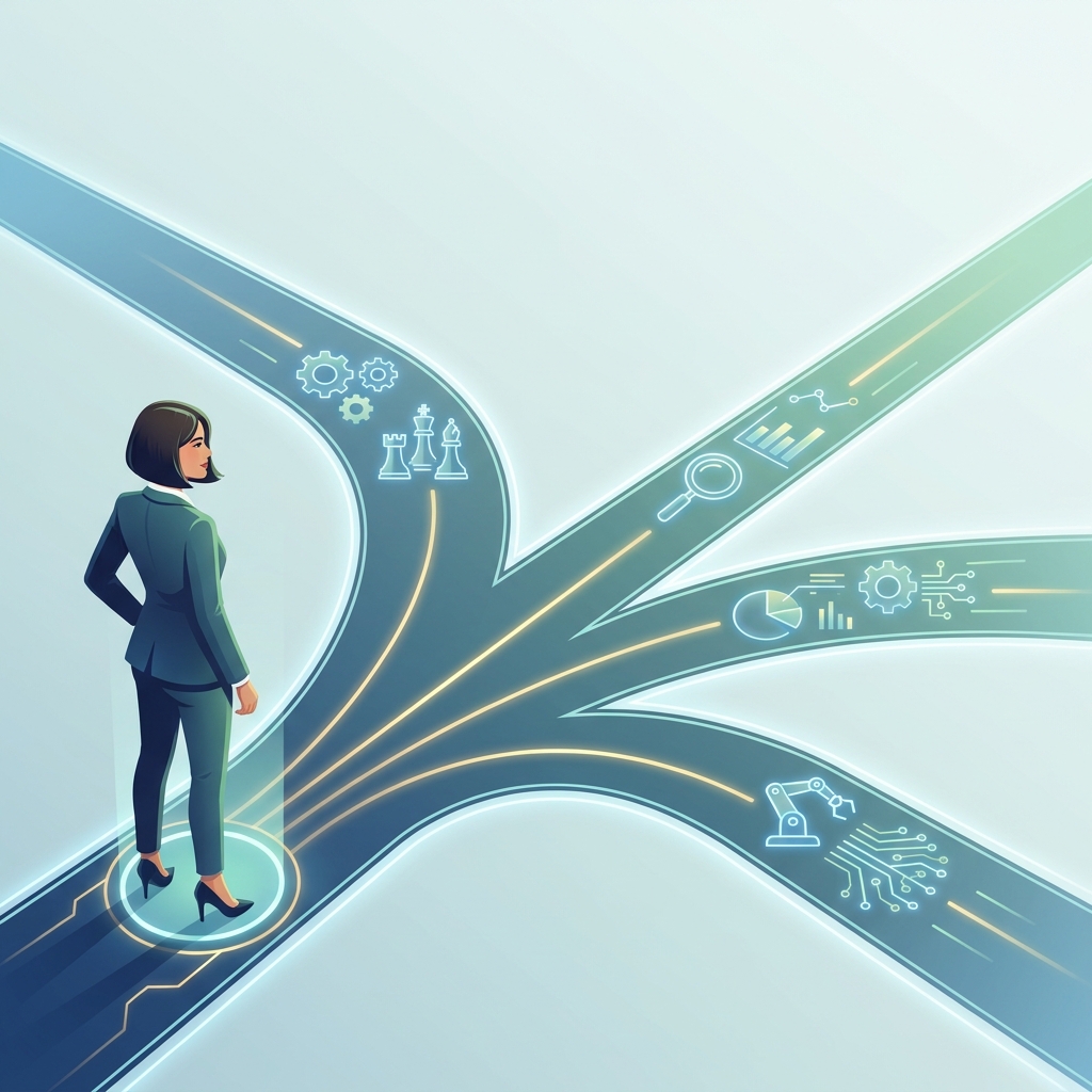 Illustrated marketer choosing between five glowing digital pathways, representing how to choose an SEO content platform