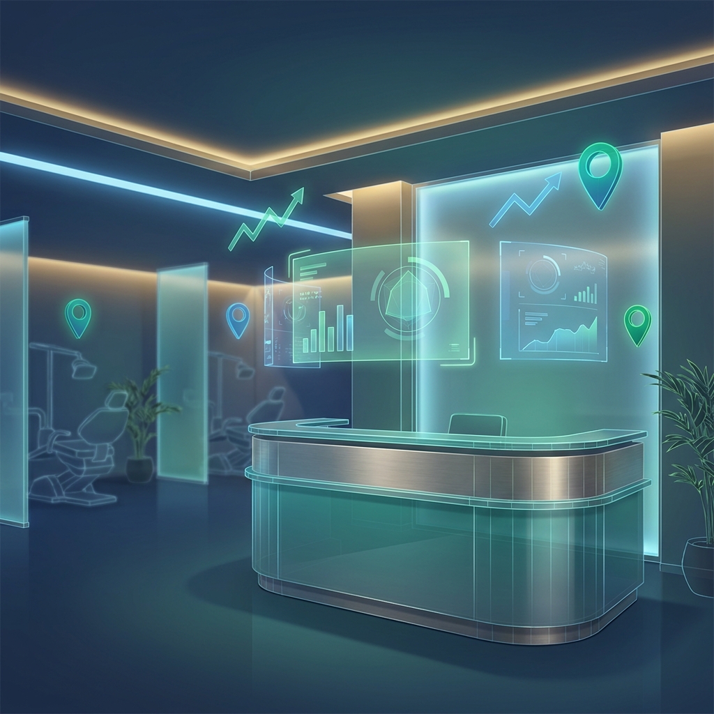 Automated SEO content for dental practices shown as glowing digital search visuals in a modern dental office