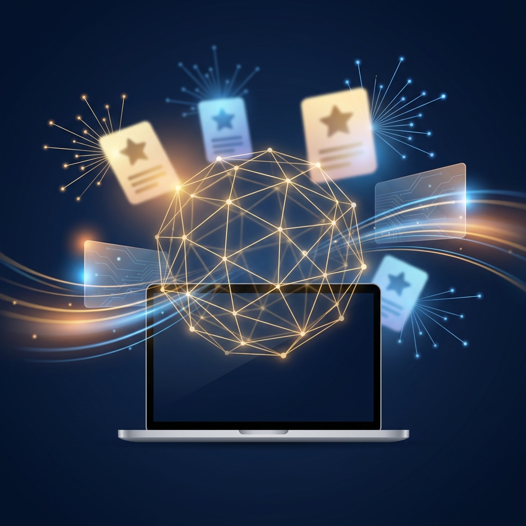 Golden structured data network representing an SEO content platform with schema markup generating rich results