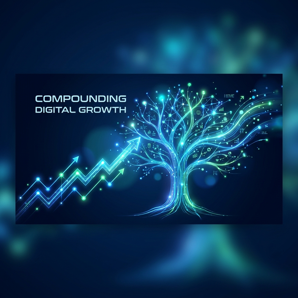 Glowing branching growth tree with rising chart representing how to increase website traffic with content systematically
