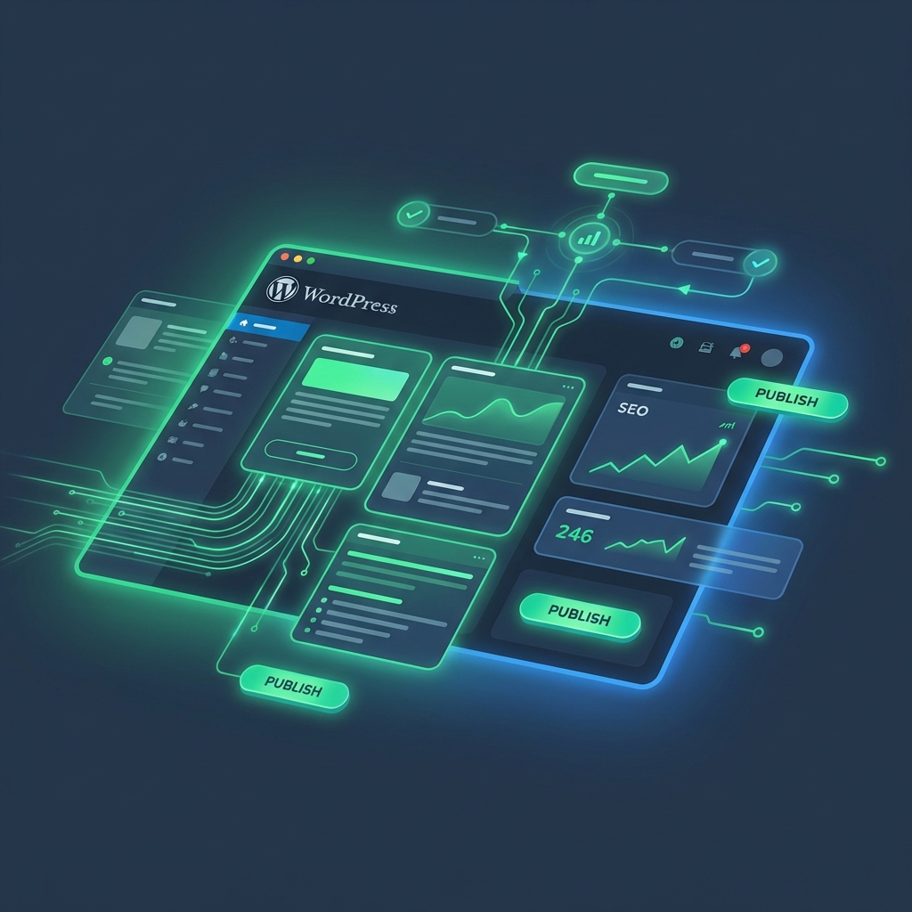 Automated WordPress blog publishing dashboard with glowing workflow connections illustrating hands-off content automation Automated WordPress blog publishing dashboard with glowing workflow connections illustrating hands-off content automation
