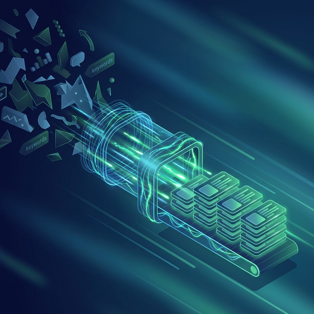 Stylized illustration of a bulk keyword upload SEO platform pipeline transforming raw keywords into published content