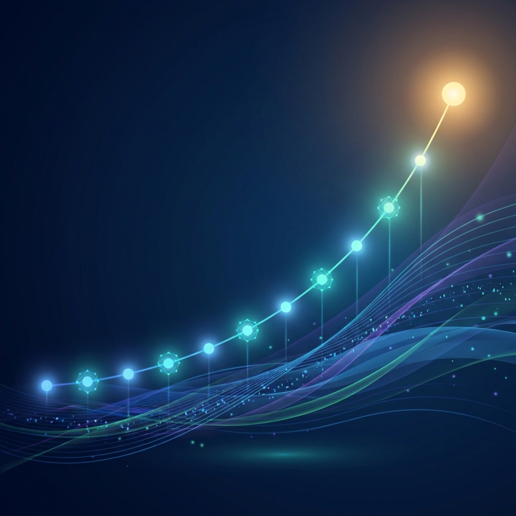 Glowing upward growth curve with evenly spaced nodes representing consistent blog publishing for SEO momentum. Glowing upward growth curve with evenly spaced nodes representing consistent blog publishing for SEO momentum.