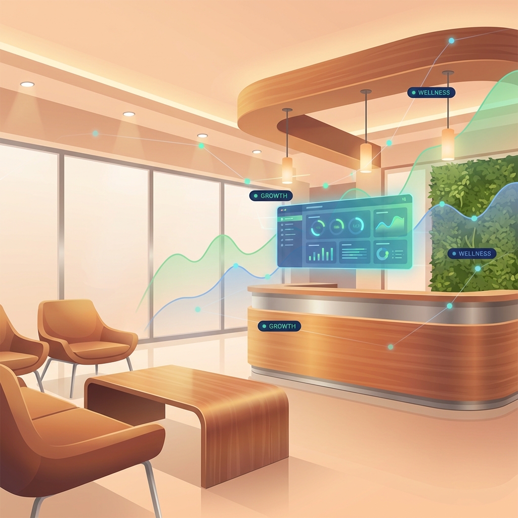 SEO content automation for dermatology practices shown as glowing clinic with floating analytics dashboard