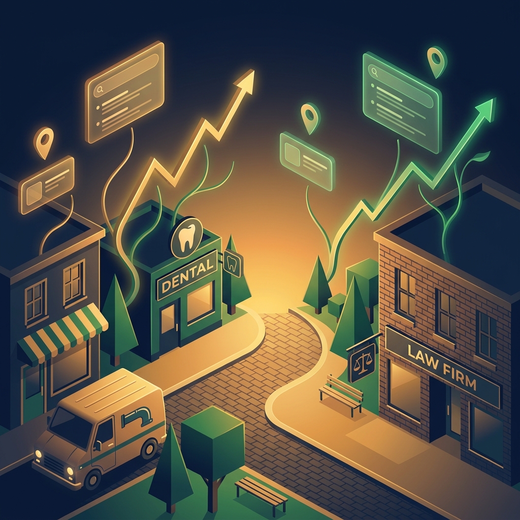 Illustrated local service businesses on a main street with rising organic search traffic graph lines overhead Illustrated local service businesses on a main street with rising organic search traffic graph lines overhead