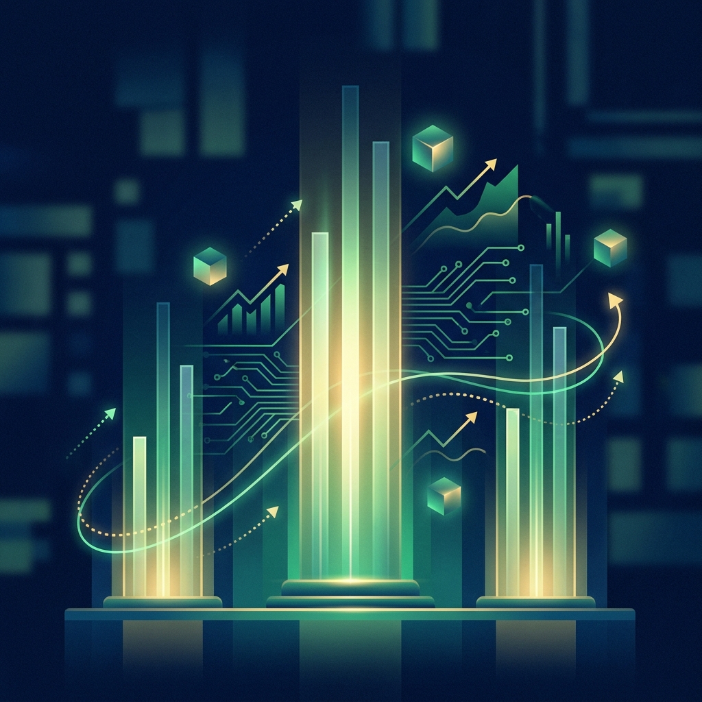 Stylized illustration of three financial pillars representing SEO content automation ROI comparison for 2026
