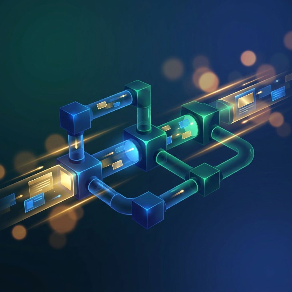 Stylized illustration of an AI content pipeline showing how AI writes SEO-optimized blog posts through connected data nodes