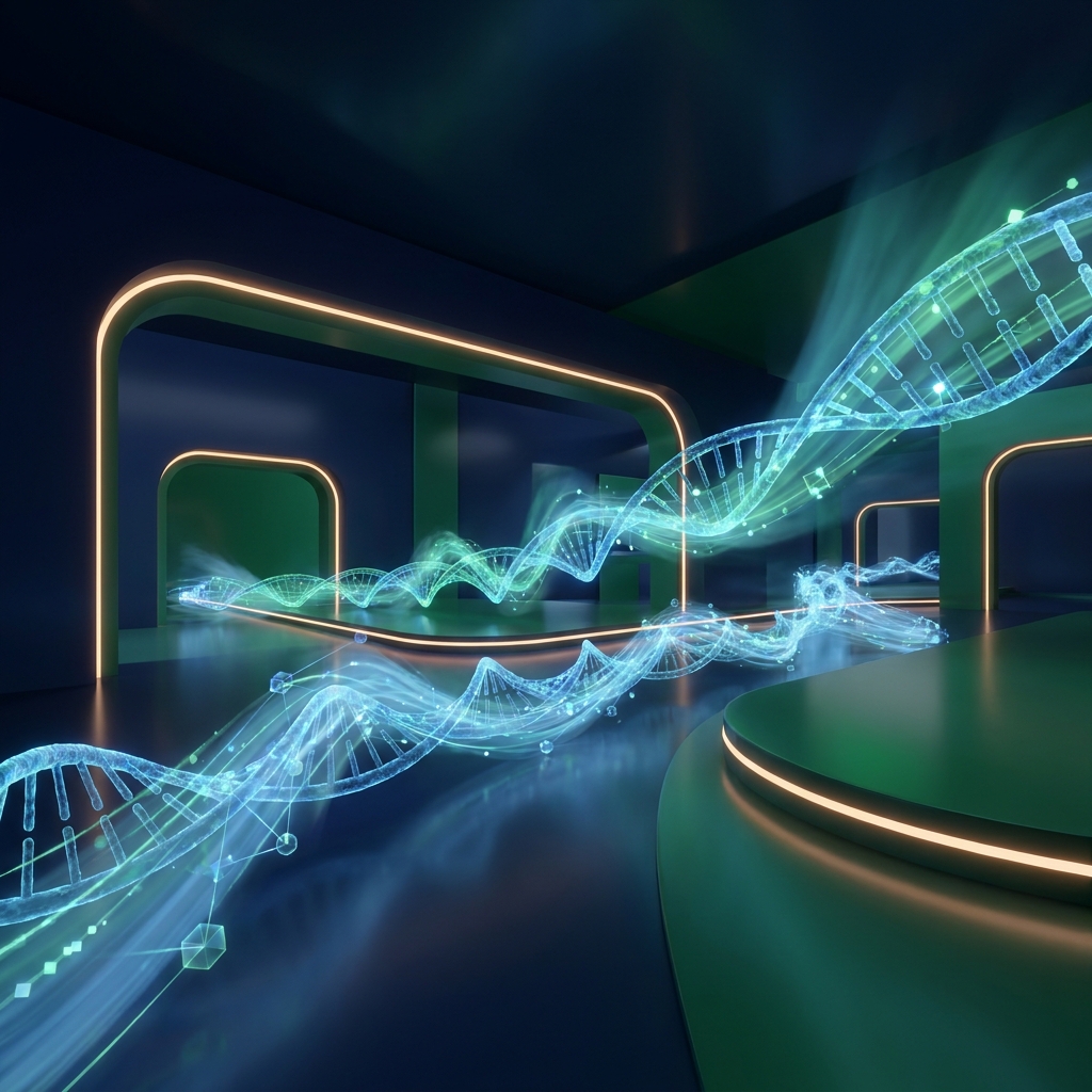 Automated SEO for biotech and life sciences visualized as DNA helixes flowing into digital data networks