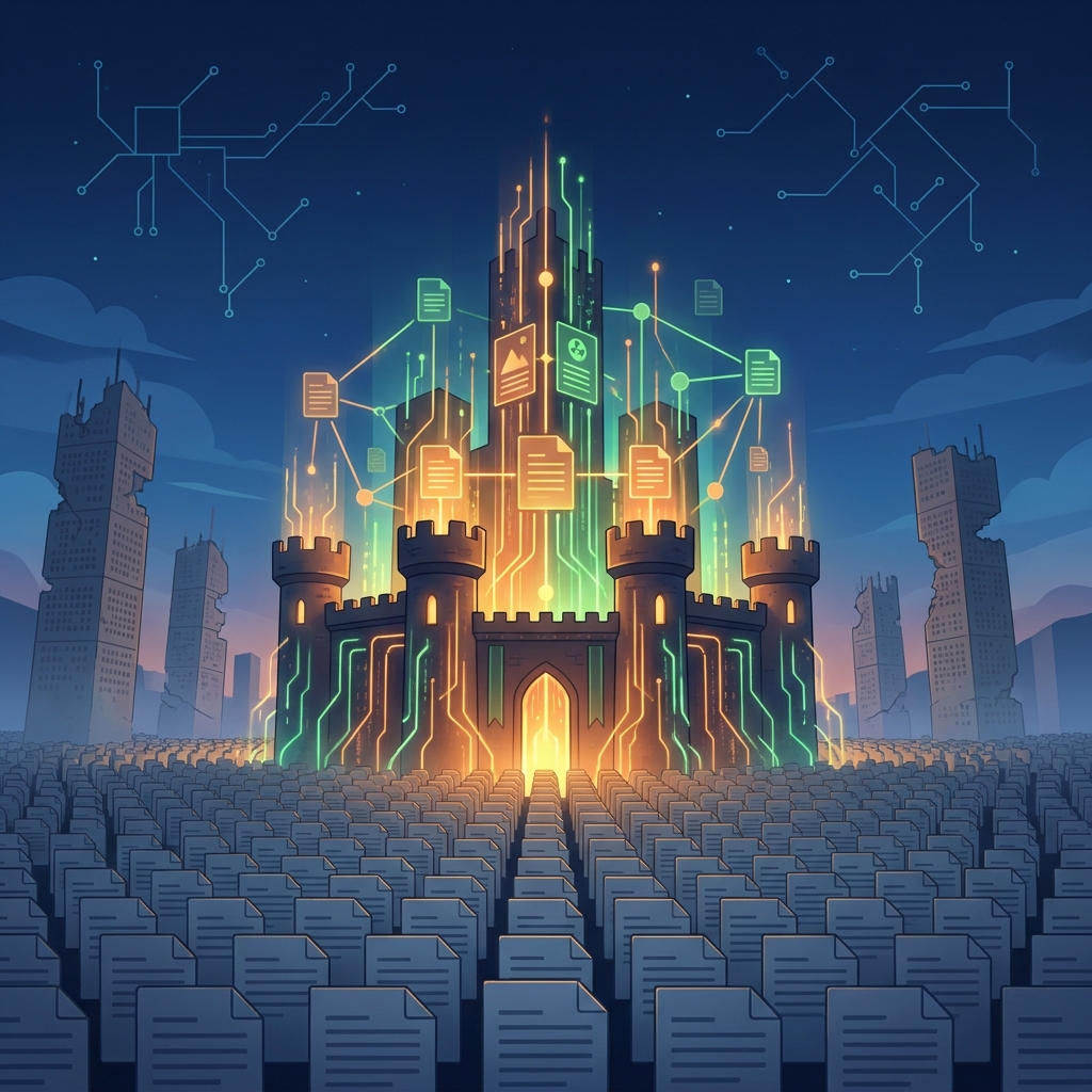 Illustration of a glowing content moat castle rising above generic AI content — how to build a content moat for your business