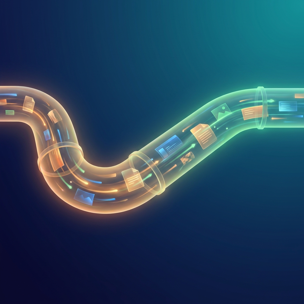 Glowing automated content pipeline illustration representing SEO content brief automation without bottlenecks