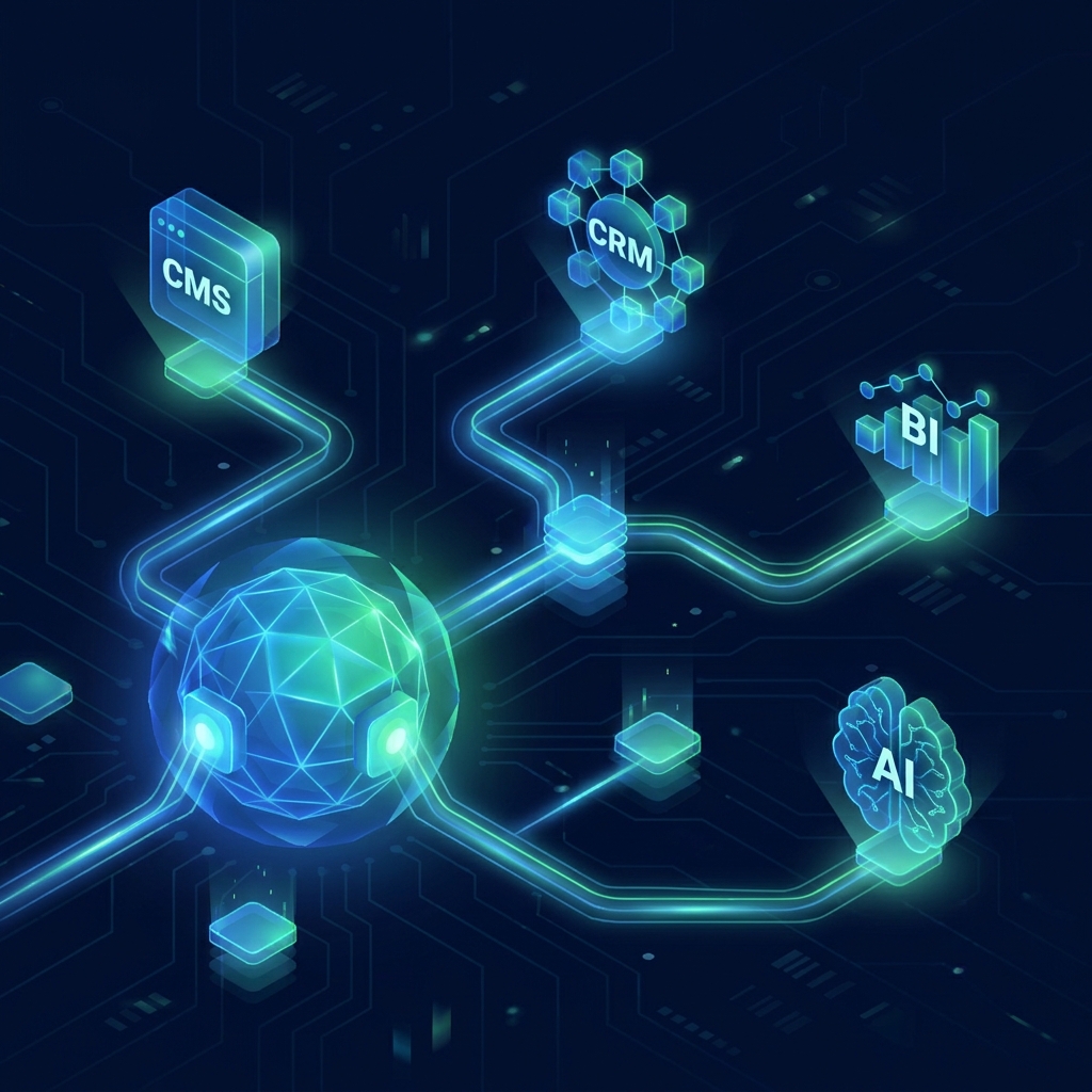 SEO content platform API integration architecture diagram showing interconnected enterprise martech nodes