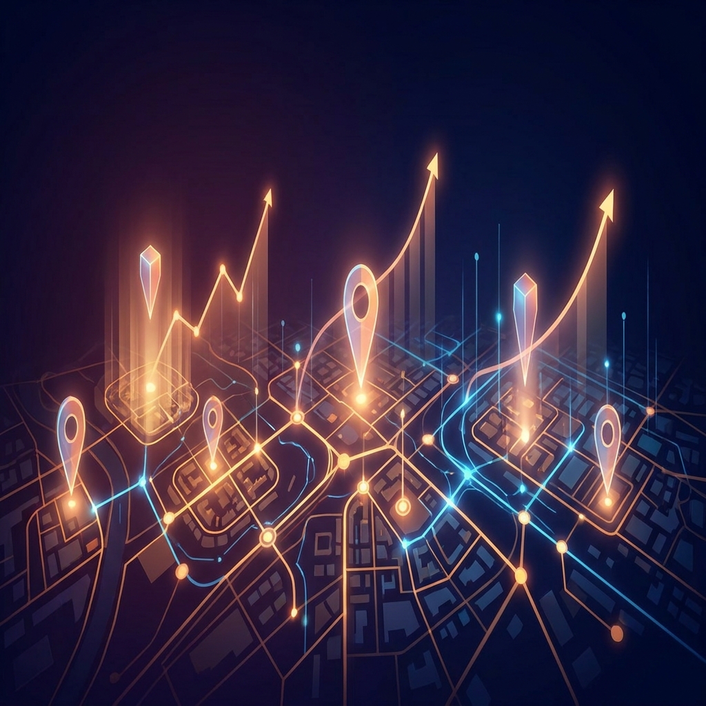 Glowing city map with rising graph lines showing how to rank for local keywords automatically