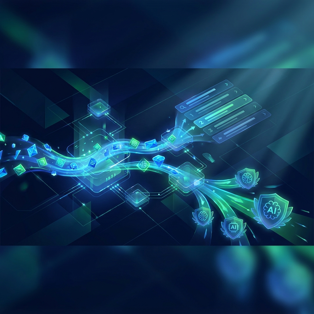 Abstract illustration of automated keyword optimized content generation flowing through a glowing digital pipeline Abstract illustration of automated keyword optimized content generation flowing through a glowing digital pipeline