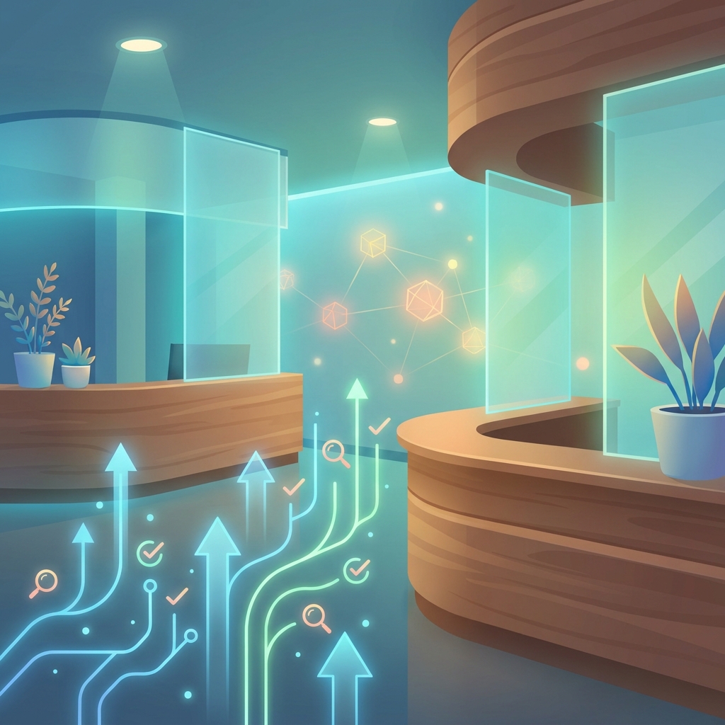 SEO content platform for medical practices shown as glowing data streams rising in a modern clinic setting