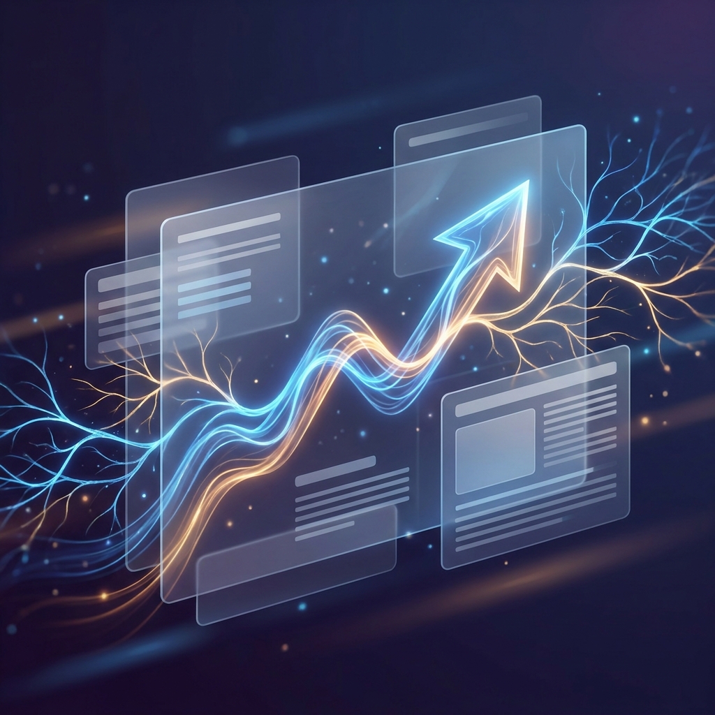 Stylized illustration of AI-powered content driving Google rankings upward with glowing data visuals