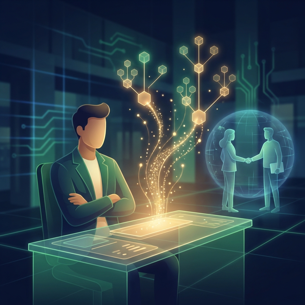 Marketer using an SEO platform with affiliate program, surrounded by glowing data streams symbolizing recurring income