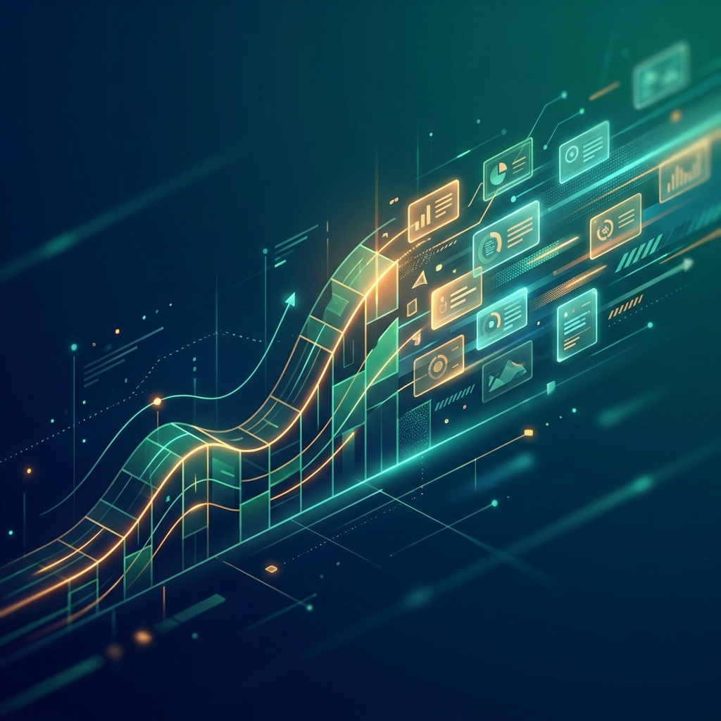 SEO content for high-volume publishers illustrated as a glowing cost-efficiency curve with content scaling at volume