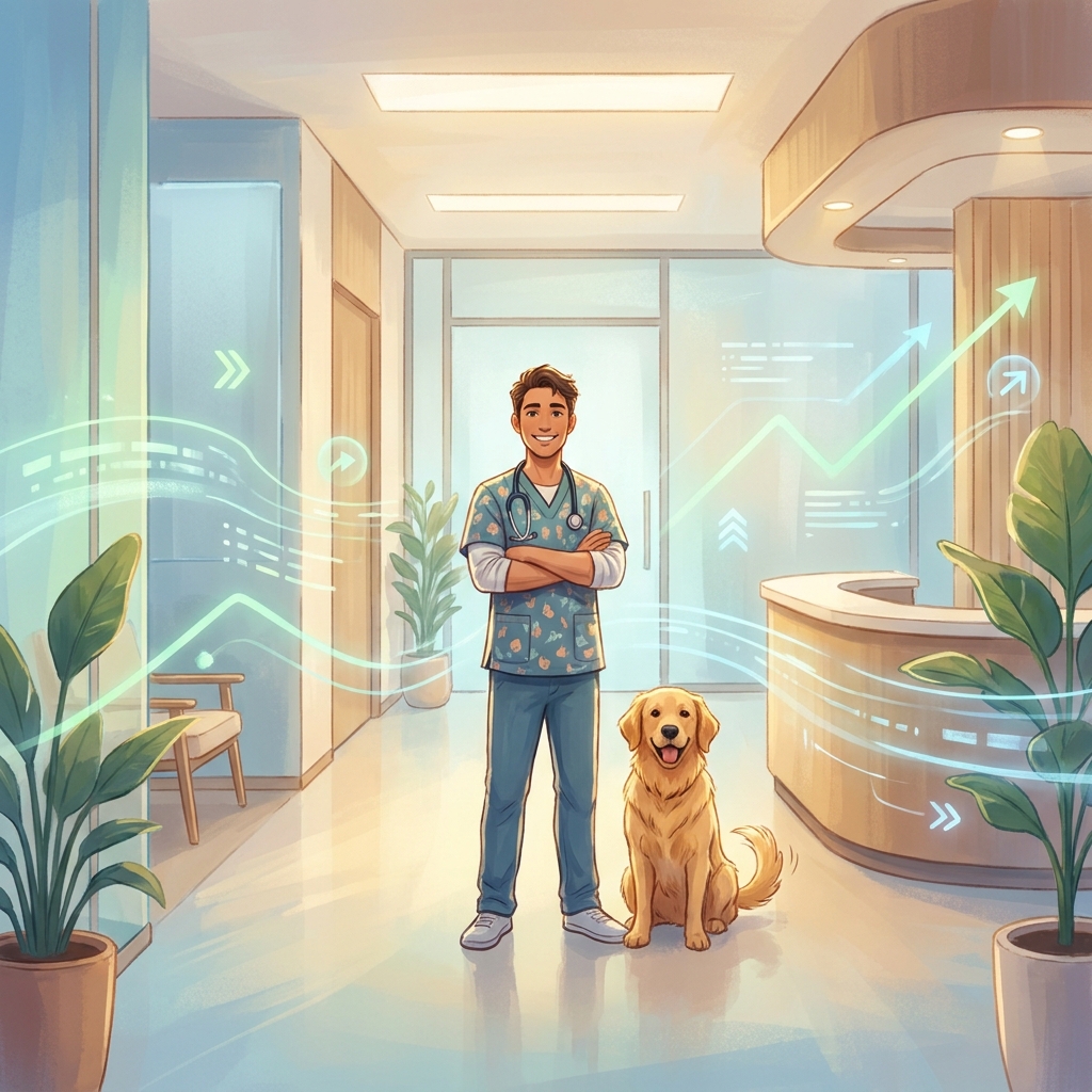 Independent veterinarian in a modern clinic with digital growth visuals representing SEO automation for veterinary practices