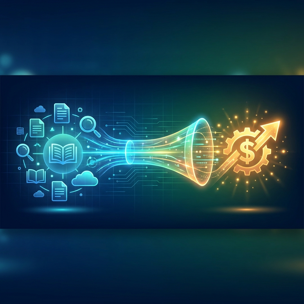Illustrated content marketing pipeline showing organic content flowing into qualified leads and revenue for organic lead generation