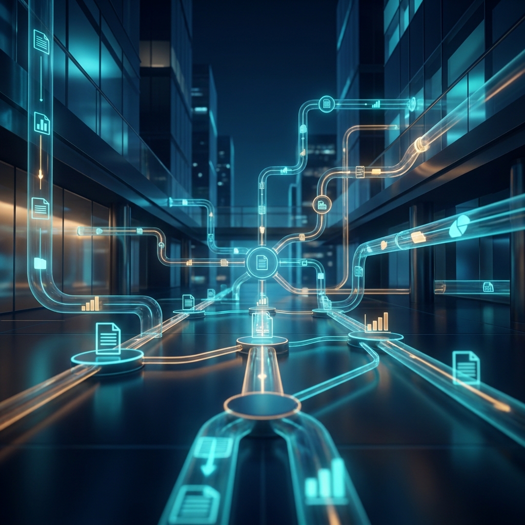 Automated SEO for B2B companies visualized as a glowing digital pipeline network with flowing data nodes