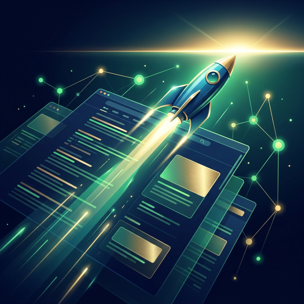 Rocket launching through layered search pages representing SEO content strategy for new websites gaining authority fast.