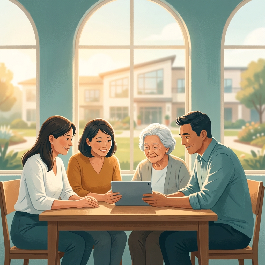 Family researching SEO content for senior care facilities on a tablet in warm sunlit setting