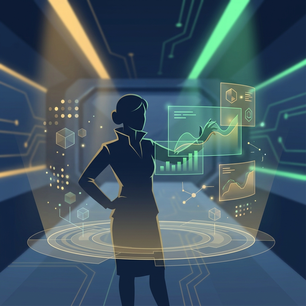 AI SEO platform with dedicated account strategist guiding enterprise analytics at a futuristic digital command center