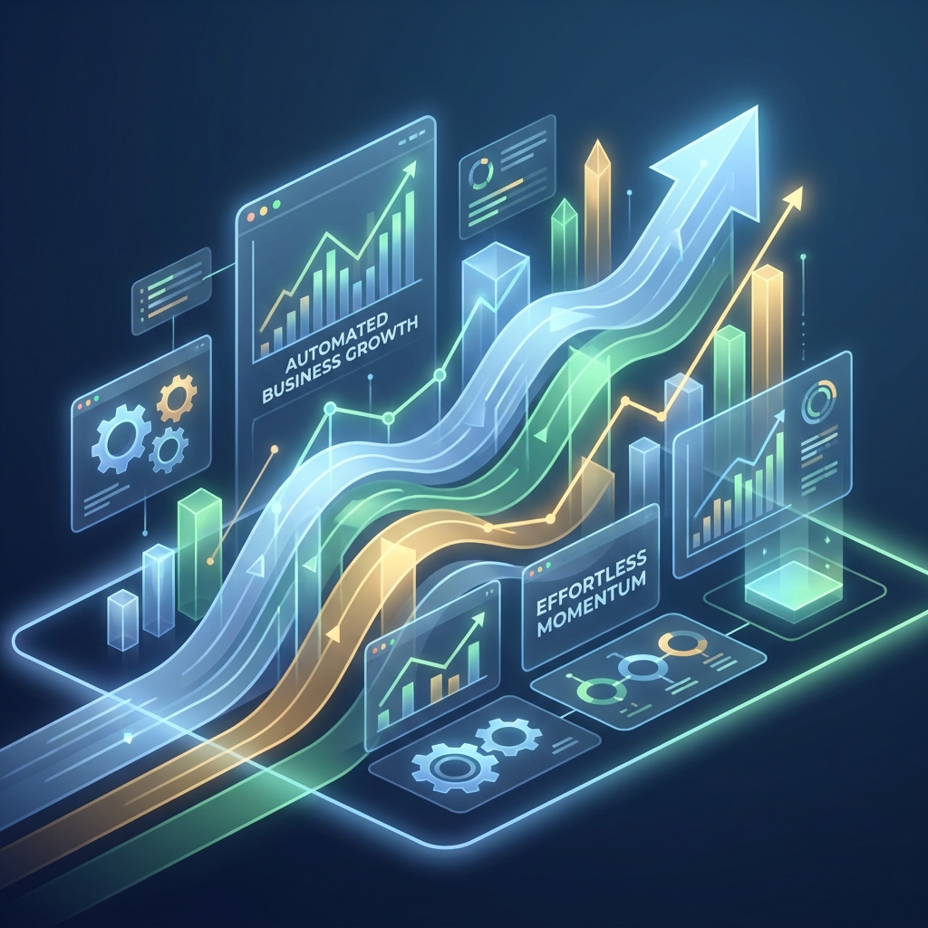 AI content platform for growing businesses shown as a glowing automated dashboard with rising data streams