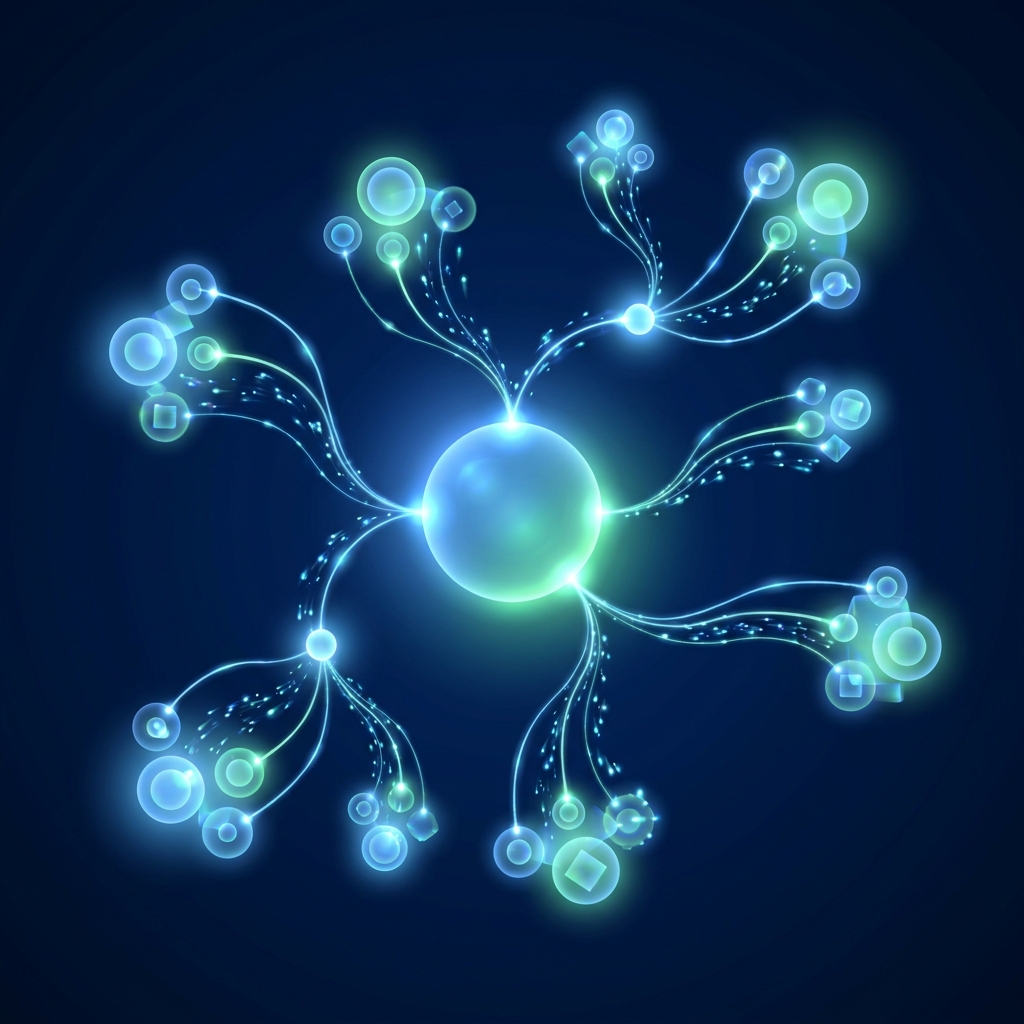 Glowing topic cluster network diagram illustrating how topical authority improves search rankings through entity connections