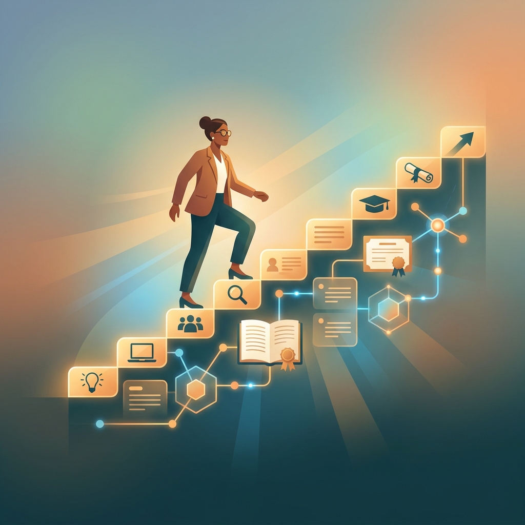 Content marketing for certification and training programs illustrated as an adult learner ascending a staircase of connected content and credentials