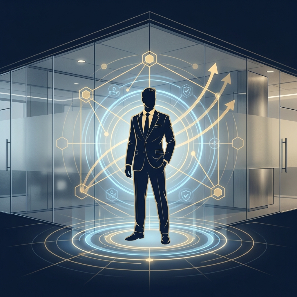 SEO content strategy for professional service businesses visualized as a glowing authority network surrounding a confident professional